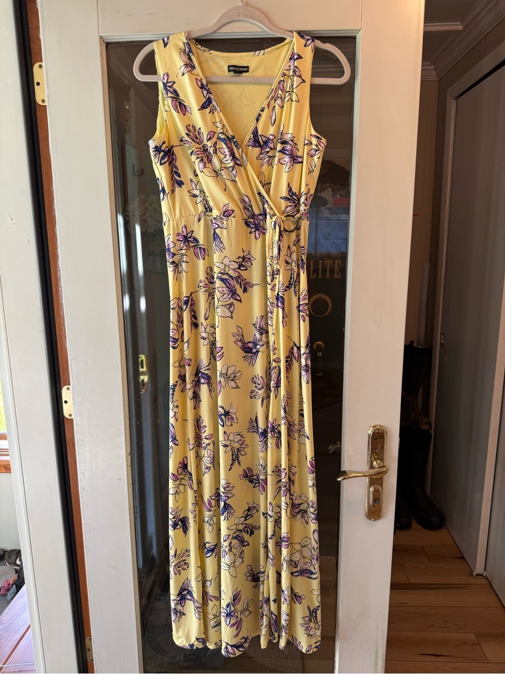 Nina Leonard Yellow Floral Wrap Maxi Dress with Purple Print
